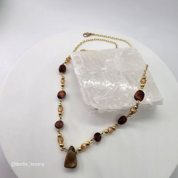 Sparkling Handmade Orange Green Ocean Jasper and Goldstone Necklace - Picture 4 of 10